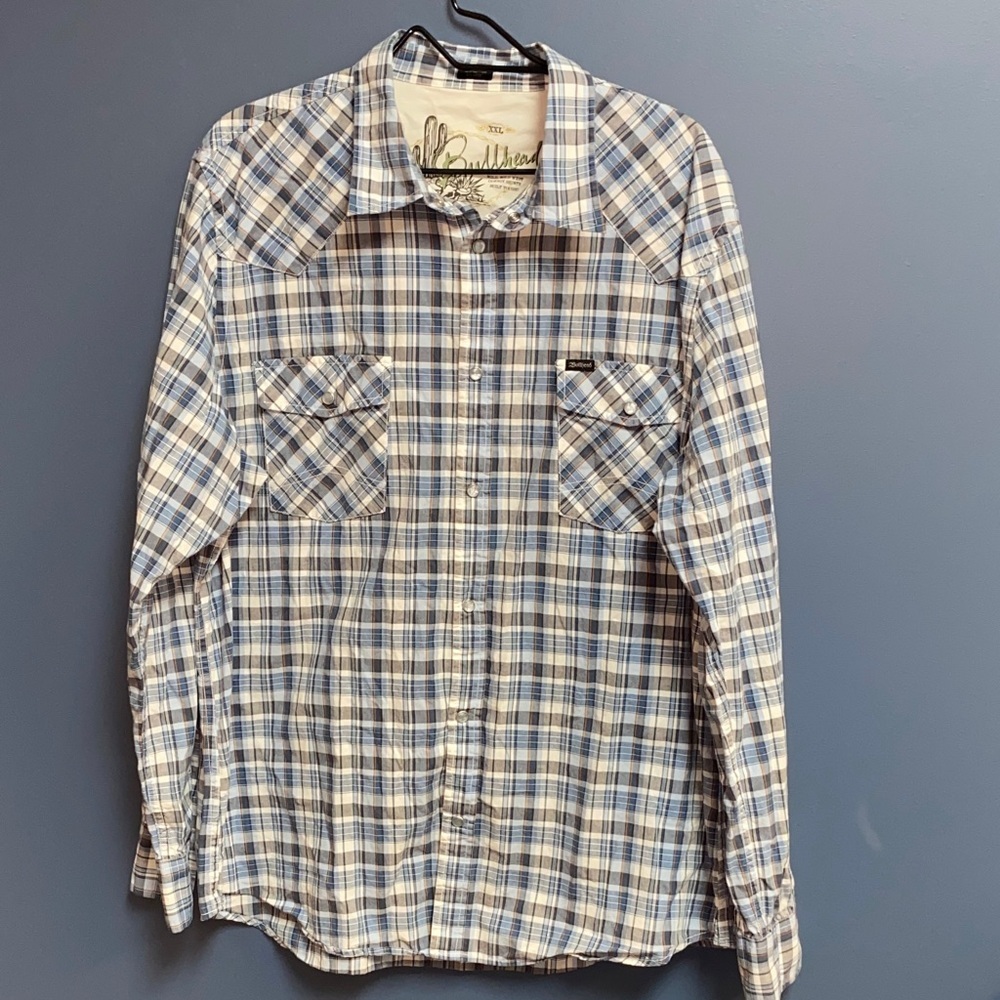 BULLHEAD‎ Blue and White Plaid Button Down Shirt MENS sizeXXL PEARL SNAP BUTTONS
